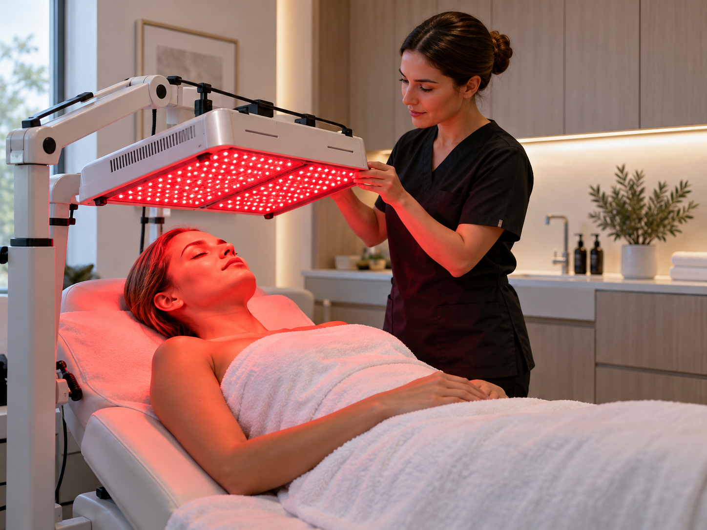 Red light therapy panel used in a clinic treatment room